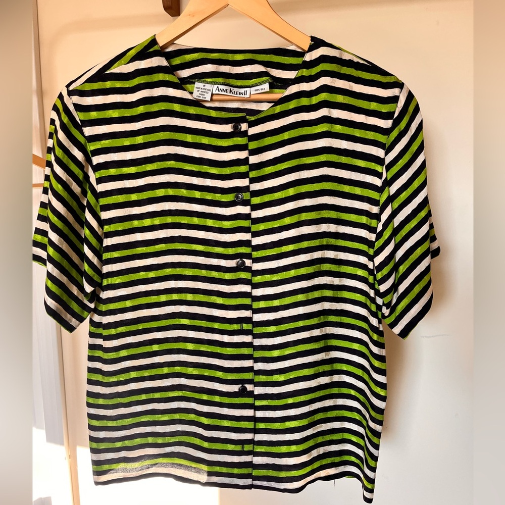 Anne Klein Women’s Button Down Shirt - Black, White, Lime